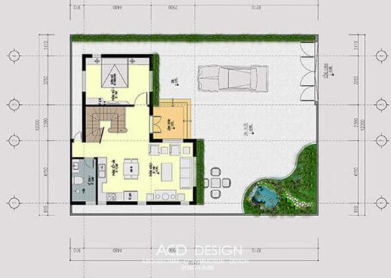Mặt bằng kiến trúc tầng 1 của ngôi nhà mẫu nhà 2 tầng chữ L 100m2