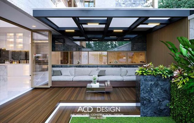 Sảnh hướng ra vườn biệt thự 2 tầng 4 phòng ngủ