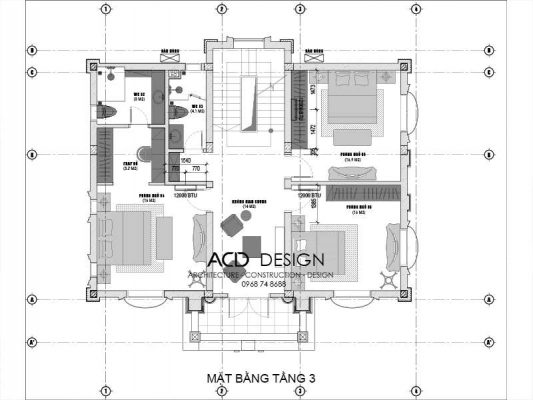 Mặt bằng tầng 3 biệt thự 3 tầng tân cổ điển