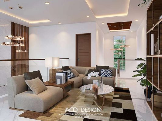 Khu vực sinh hoạt chung đầm ấm mẫu nhà phố 2 tầng mặt tiền 9m