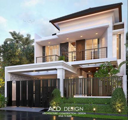 Một góc nghiêng của căn nhà mẫu nhà phố 2 tầng mặt tiền 9m