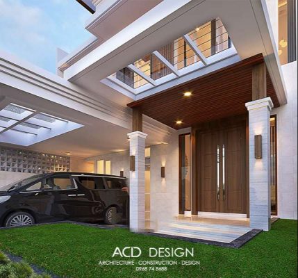 Gara để xe ô tô tận dụng diện tích mẫu nhà phố 2 tầng mặt tiền 9m