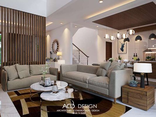 Phòng khách hiện đại mẫu nhà phố 2 tầng mặt tiền 9m