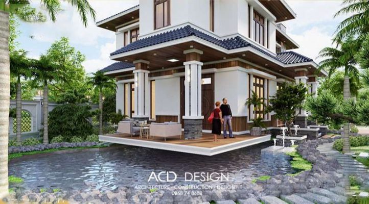 Có hồ nước bao xung quanh nhà biệt thự 2 tầng mái nhật đẹp