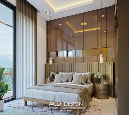 Phòng ngủ có cửa lớn sát đất nhìn ra thành phố nhà phố hiện đại 3 tầng mặt tiền 9m