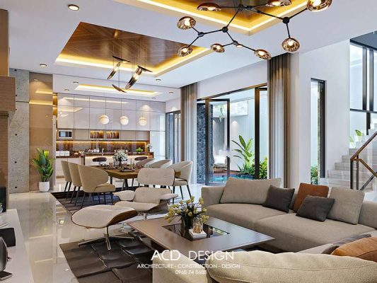 Phòng khách rộng rãi nhà phố hiện đại 3 tầng mặt tiền 9m