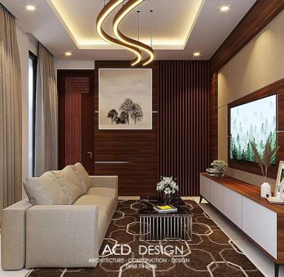 Phòng sinh hoạt chung ấm cúng nhà phố mặt tiền 8m 2 tầng