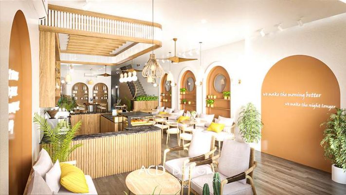 Không gian tầng 1 thiết kế quán cafe mặt tiền 6m 2 tầng